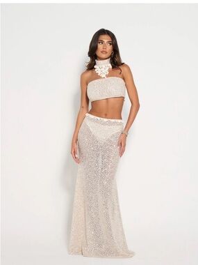 Gypsabella Cream Crochet Two-Piece Set - Strapless Bandeau Top & Maxi Skirt